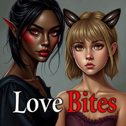 A female vampire with dark brown skin, red eyes, and black hair stands in front of a normal tan girl with dirty blonde hair styled in a butterfly cut