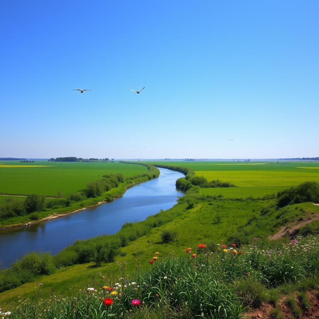 A serene landscape featuring a clear blue sky, lush green fields, and a calm river flowing through the middle