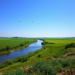 A serene landscape featuring a clear blue sky, lush green fields, and a calm river flowing through the middle