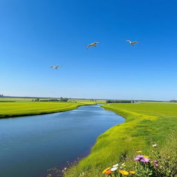 A serene landscape featuring a clear blue sky, lush green fields, and a calm river flowing through the middle