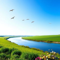 A serene landscape featuring a clear blue sky, lush green fields, and a calm river flowing through the middle