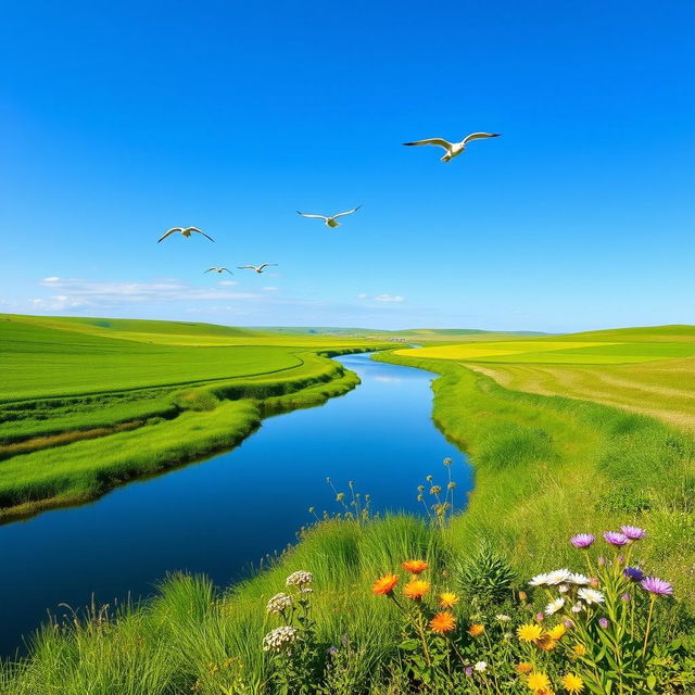 A serene landscape featuring a clear blue sky, lush green fields, and a calm river flowing through the middle