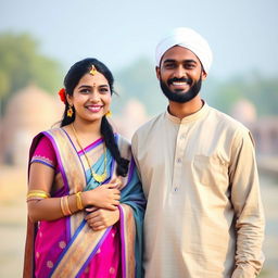 A respectful and harmonious scene featuring a Hindu girl and a Muslim man, showcasing cultural diversity and unity