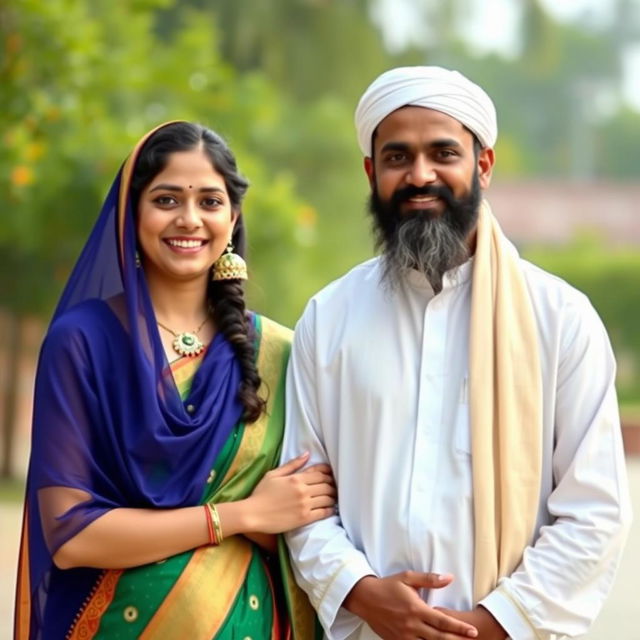 A respectful and harmonious scene featuring a Hindu girl and a Muslim man, showcasing cultural diversity and unity