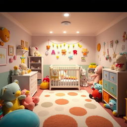 A cozy and colorful nursery room with soft lighting, filled with plush toys, a crib, and cheerful decorations on the walls