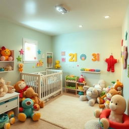 A cozy and colorful nursery room with soft lighting, filled with plush toys, a crib, and cheerful decorations on the walls