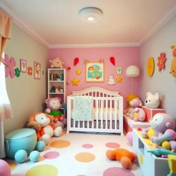 A cozy and colorful nursery room with soft lighting, filled with plush toys, a crib, and cheerful decorations on the walls