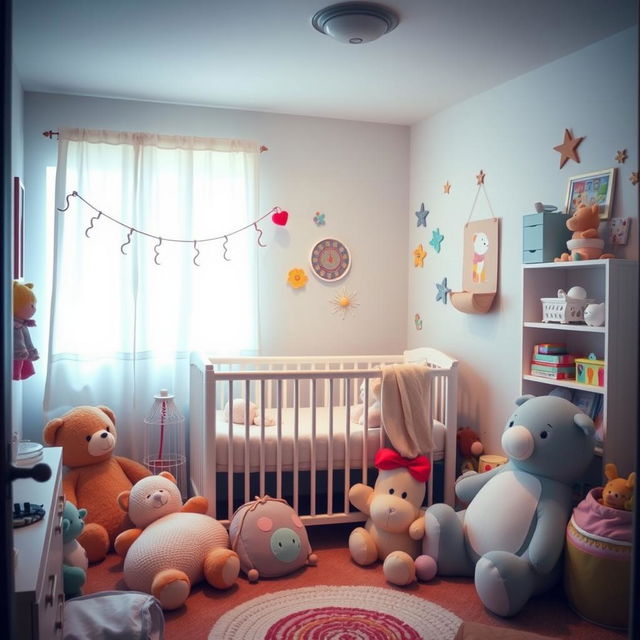 A cozy and colorful nursery room with soft lighting, filled with plush toys, a crib, and cheerful decorations on the walls