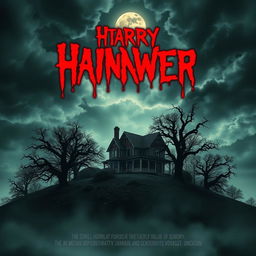 A chilling horror movie poster featuring a haunted house on a hill, surrounded by dark, twisted trees