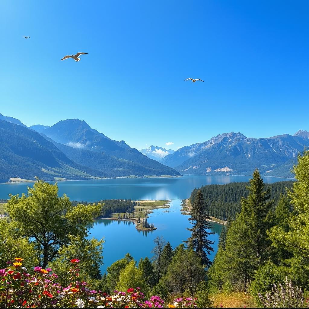 A beautiful landscape with mountains, a clear blue sky, and a lake reflecting the scenery