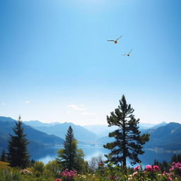 A beautiful landscape with mountains, a clear blue sky, and a lake reflecting the scenery