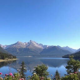 A beautiful landscape with mountains, a clear blue sky, and a lake reflecting the scenery