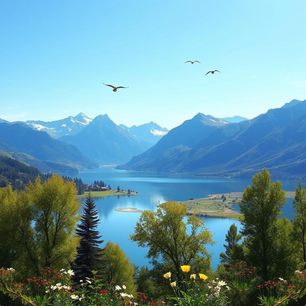 A beautiful landscape with mountains, a clear blue sky, and a lake reflecting the scenery