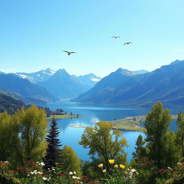 A beautiful landscape with mountains, a clear blue sky, and a lake reflecting the scenery