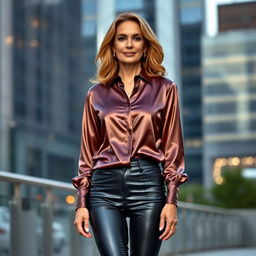 A mature woman wearing a super silky satin blouse and tight leather pants