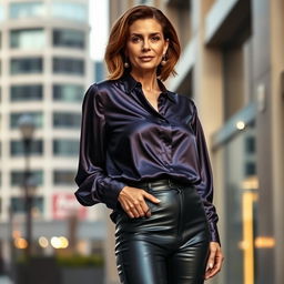 A mature woman wearing a super silky satin blouse and tight leather pants