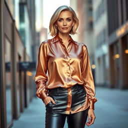 A mature woman wearing a super silky satin blouse and tight leather pants