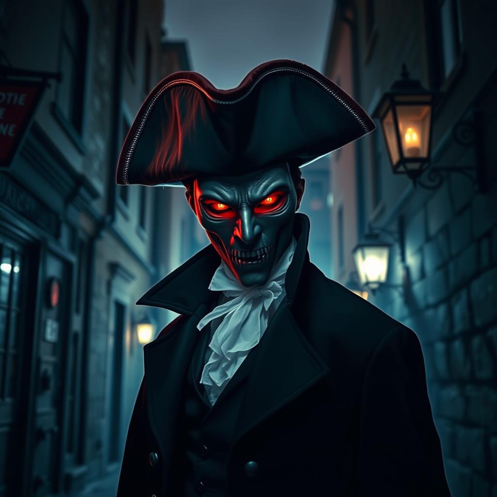 A mysterious vampire wearing a tricorn hat and a mask, standing in a dark, gothic alleyway