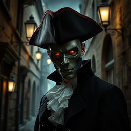 A mysterious vampire wearing a tricorn hat and a mask, standing in a dark, gothic alleyway