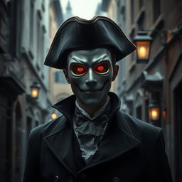 A mysterious vampire wearing a tricorn hat and a mask, standing in a dark, gothic alleyway