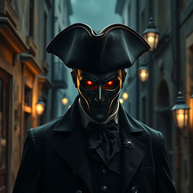 A mysterious vampire wearing a tricorn hat and a mask, standing in a dark, gothic alleyway