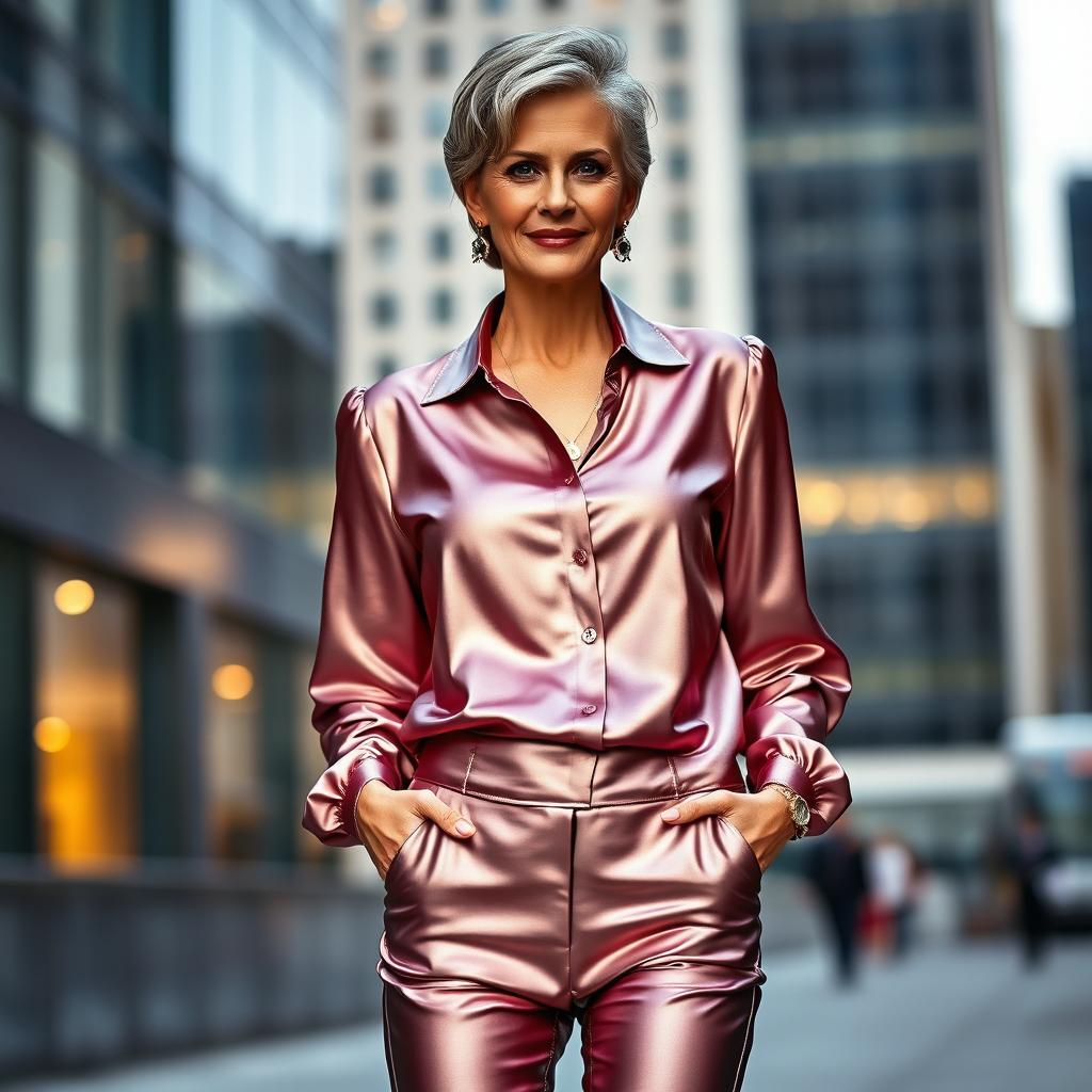 A mature woman wearing a super silky satin blouse and tight satin pants