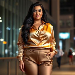 A mature chubby woman with long black hair and large breasts, wearing a super silky satin blouse and tight satin pants