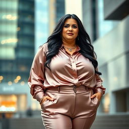 A mature chubby woman with long black hair and large breasts, wearing a super silky satin blouse and tight satin pants