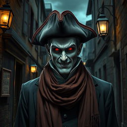 A mysterious vampire wearing a tricorn hat and a scarf, standing in a dark, gothic alleyway