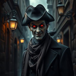 A mysterious vampire wearing a tricorn hat and a scarf, standing in a dark, gothic alleyway