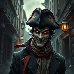 A mysterious vampire wearing a tricorn hat and a scarf, standing in a dark, gothic alleyway