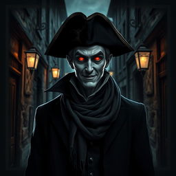 A mysterious vampire wearing a tricorn hat and a scarf, standing in a dark, gothic alleyway