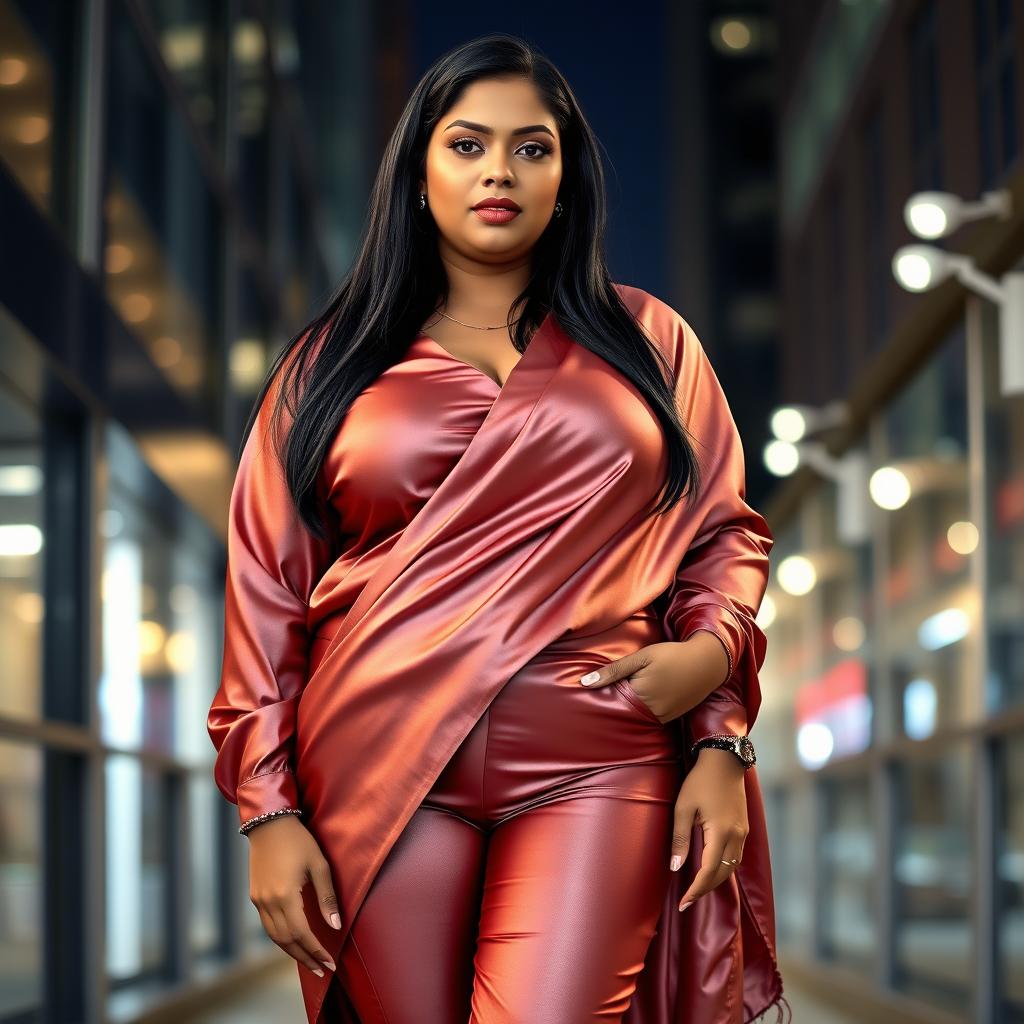 A mature chubby woman with long black hair and large breasts, wearing a super silky satin blouse and tight satin pants, draped in a satin silky saree over her outfit