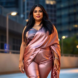 A mature chubby woman with long black hair and large breasts, wearing a super silky satin blouse and tight satin pants, draped in a satin silky saree over her outfit