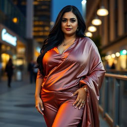 A mature chubby woman with long black hair and large breasts, wearing a super silky satin blouse and tight satin pants, draped in a satin silky saree over her outfit