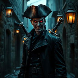 A mysterious vampire wearing a tricorn hat and carrying two swords on their back, standing in a dark, gothic alleyway