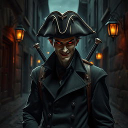 A mysterious vampire wearing a tricorn hat and carrying two swords on their back, standing in a dark, gothic alleyway