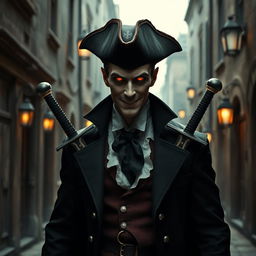 A mysterious vampire wearing a tricorn hat and carrying two swords on their back, standing in a dark, gothic alleyway