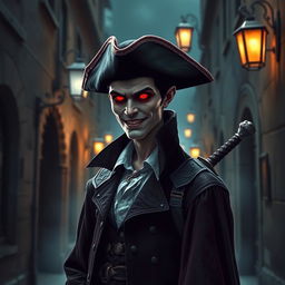 A mysterious vampire wearing a tricorn hat and carrying two swords on their back, standing in a dark, gothic alleyway