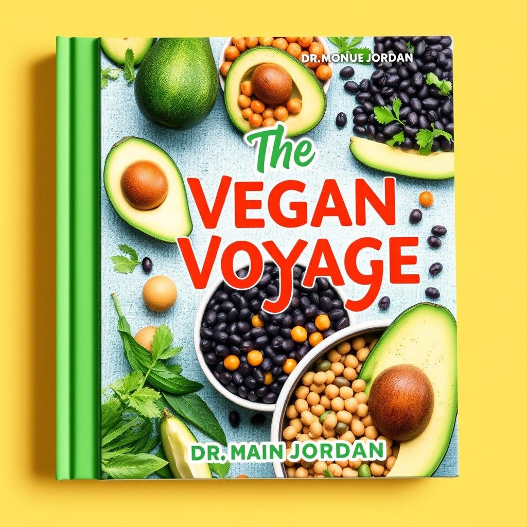 Create a colorful book cover for a vegan cookbook titled 'The Vegan Voyage' by Dr