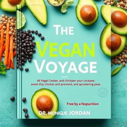 Create a colorful book cover for a vegan cookbook titled 'The Vegan Voyage' by Dr