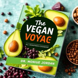 Create a colorful book cover for a vegan cookbook titled 'The Vegan Voyage' by Dr