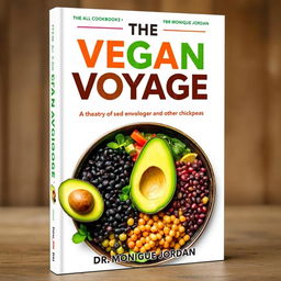 Create a colorful book cover for a vegan cookbook titled 'The Vegan Voyage' by Dr