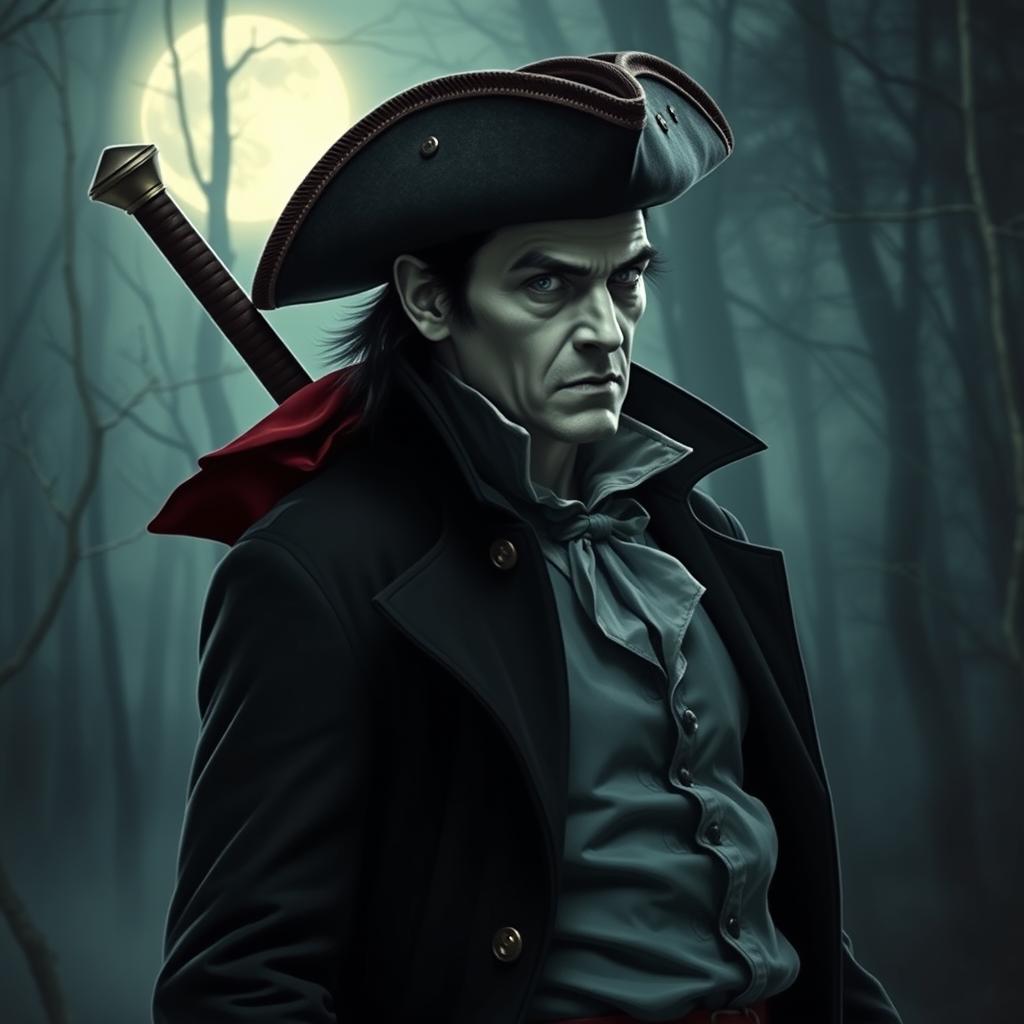 A vampire wearing a tricorn hat and a rogue duster jacket, with a longsword on his back