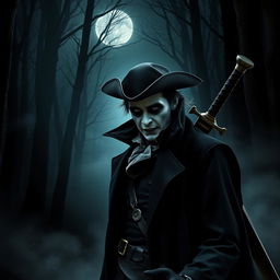 A vampire wearing a tricorn hat and a rogue duster jacket, with a longsword on his back