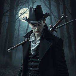 A vampire wearing a tricorn hat and a rogue duster jacket, with a longsword on his back