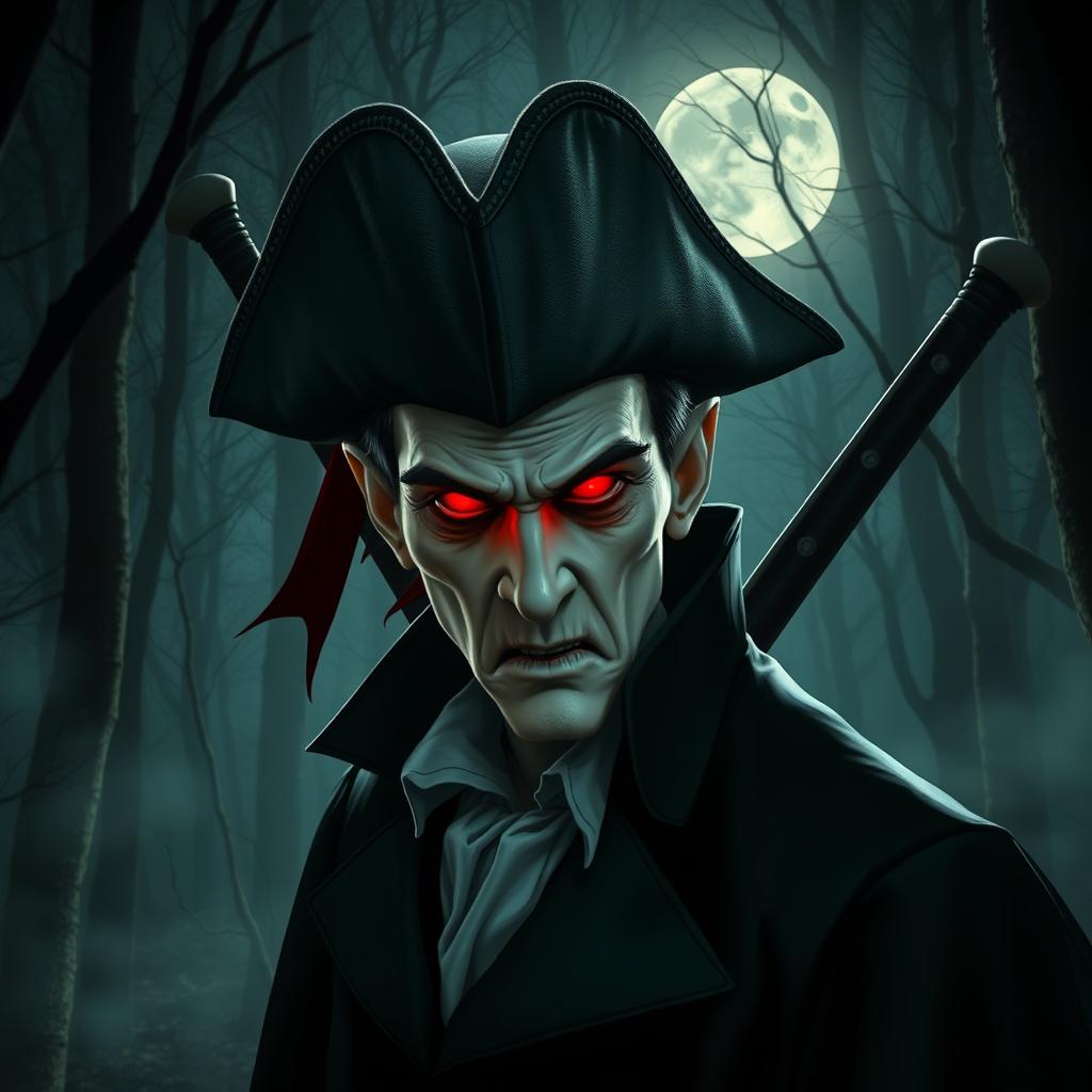 A vampire wearing a tricorn hat, with a longsword on his back and glowing red eyes