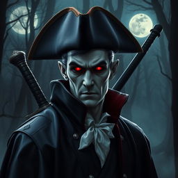 A vampire wearing a tricorn hat, with a longsword on his back and glowing red eyes