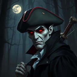 A vampire wearing a tricorn hat, with a longsword on his back and glowing red eyes