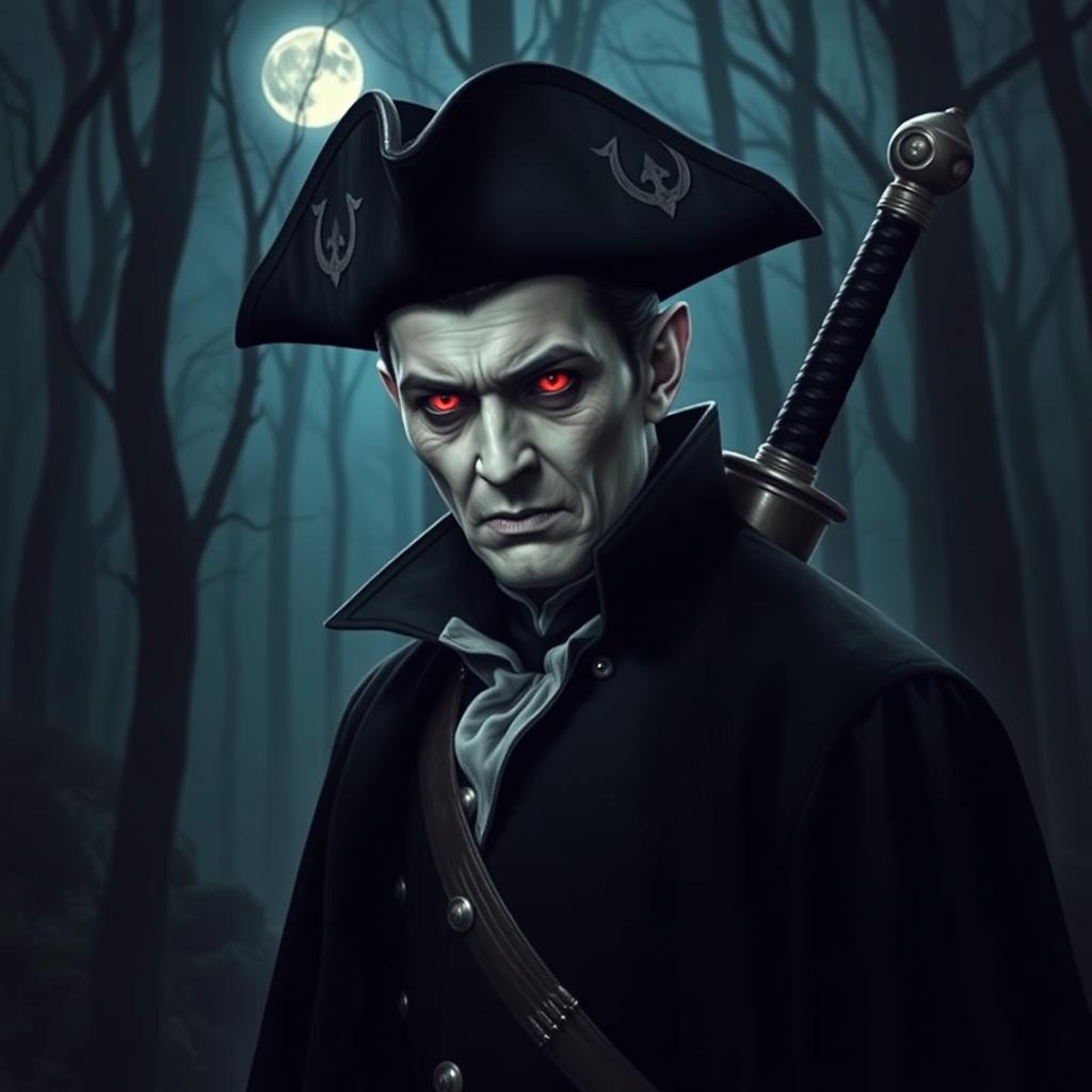 A vampire wearing a tricorn hat, with a longsword on his back and glowing red eyes